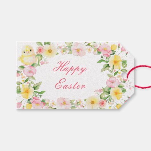 Spring Chick Bloemen Gelukkig Pasen Cadeaulabel (Voorkant (Horizontaal))