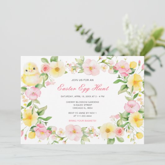 Spring Chick Floral Easter Egg Hunt Party Kaart (Staand voorkant)