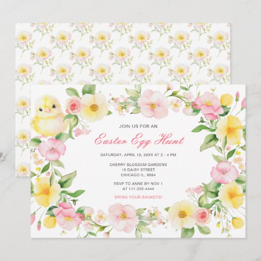 Spring Chick Floral Easter Egg Hunt Party Kaart (Voorkant / Achterkant)
