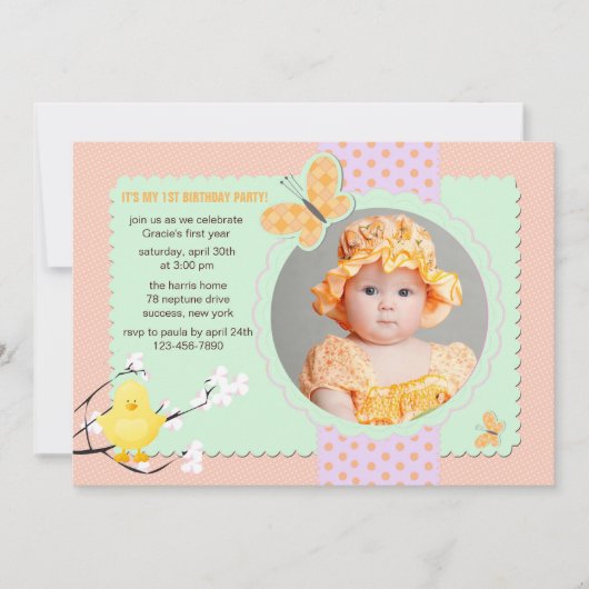 Spring Chick Foto Birthday Party Invitation Kaart (Voorkant)