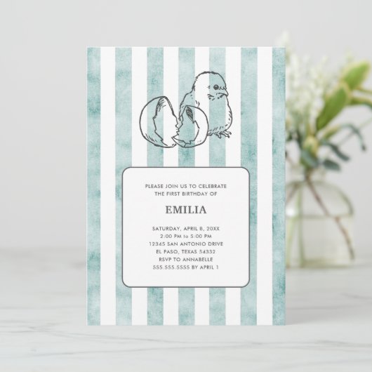 Spring Chick & Stripes Kind Verjaardag Kaart (Staand voorkant)