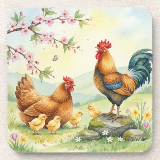 Spring chicken rooster farm country coasters bier onderzetter (Voorkant)