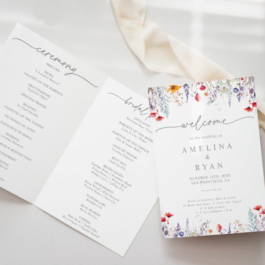 Spring Colorful Wildflower Minimal Folded Wedding Programma