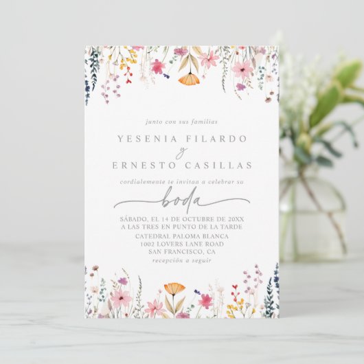 Spring Colorful Wildflower Spanish Wedding Kaart (Staand voorkant)