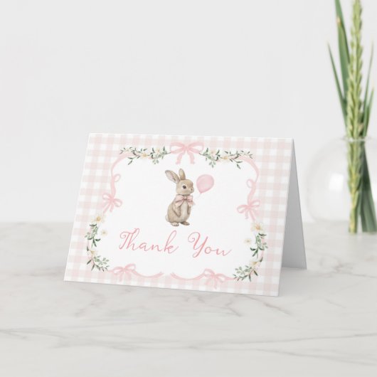 Spring Coquette Bunny Pink Gingham 1st Birthday Bedankkaart (Voorkant)