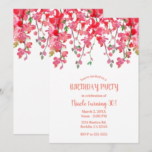 Spring Coral Orchid Branches Floral Birthday Party Kaart (Voorkant / Achterkant)