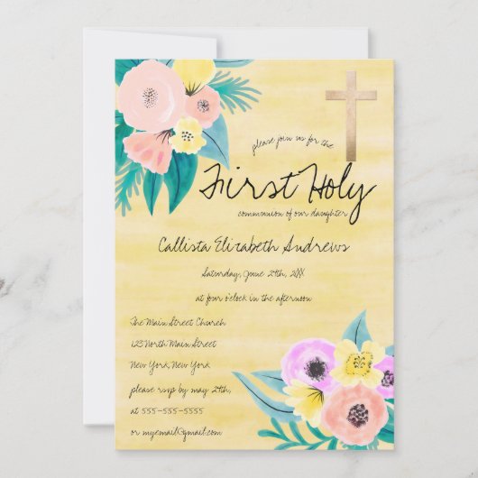 Spring Coral Yellow Floral Waterverf Communie Kaart (Voorkant)