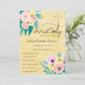 Spring Coral Yellow Floral Waterverf Communie Kaart (Staand voorkant)