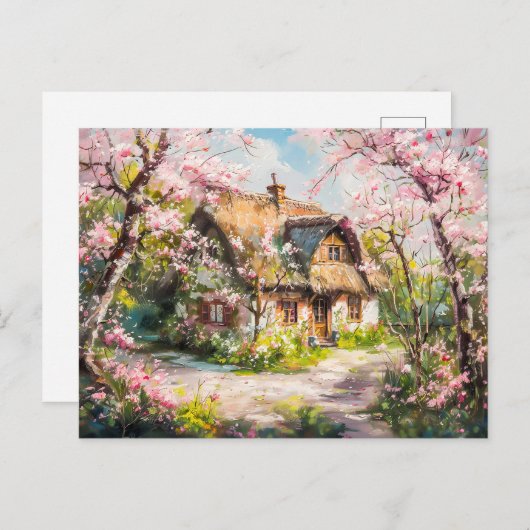 Spring Cottage met bloeiende fruitbomen Briefkaart (Voorkant / Achterkant)