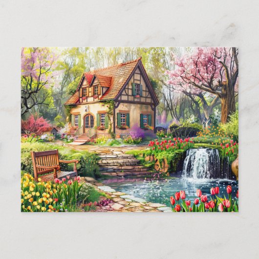 Spring Cottage met bloeiende tulpen Briefkaart (Voorkant)
