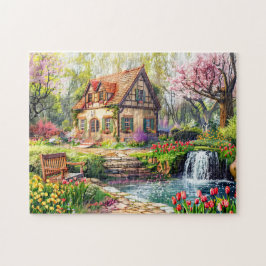 Spring Cottage met bloeiende tulpen Legpuzzel