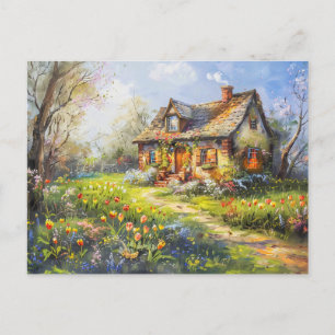 Spring Cottage met tulpen Wildflower Meadow Briefkaart