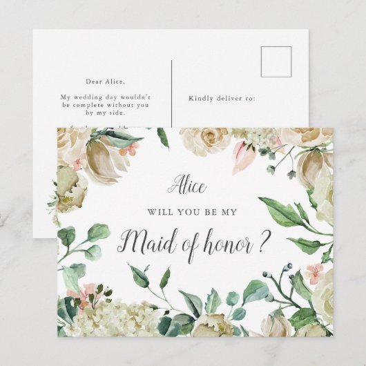 Spring Cream Garden Floral Maid of Honor Briefkaart (Voorkant / Achterkant)