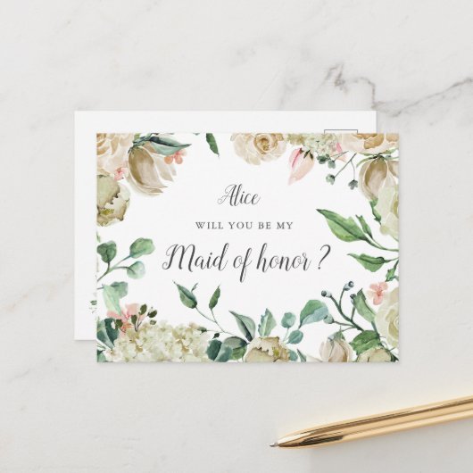 Spring Cream Garden Floral Maid of Honor Briefkaart (Voorkant / Achterkant in situ)