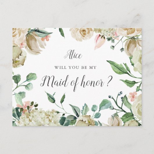 Spring Cream Garden Floral Maid of Honor Briefkaart (Voorkant)