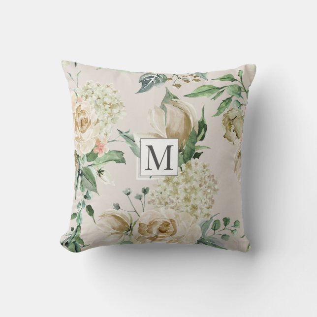 Spring cream garden floral Monogram Sierkussen (Voorkant)