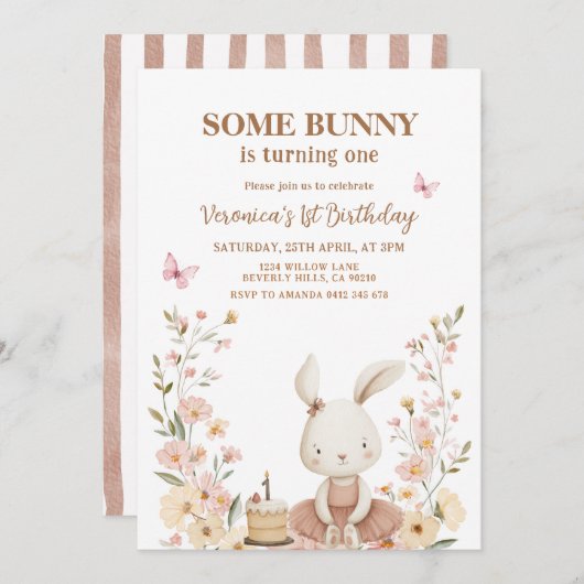 Spring Cute Bunny Rabbit 1st Birthday Kaart (Voorkant / Achterkant)