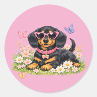 Spring Cute Dachshund in Flower Fields Ronde Sticker