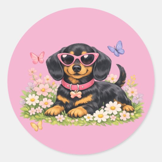 Spring Cute Dachshund in Flower Fields Ronde Sticker (Voorkant)