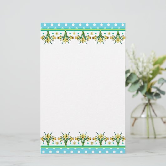 Spring Daffodil Border and Polka Dots Stationery Briefpapier (Staand voorkant)
