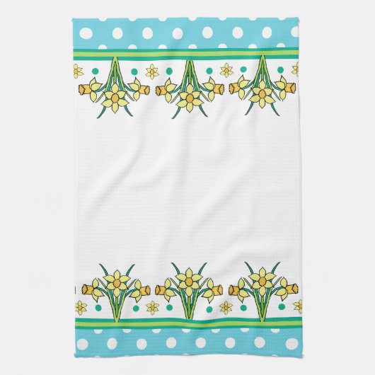 Spring Daffodil Border, Polka Dots Kitchen Towel Theedoek (Verticaal)