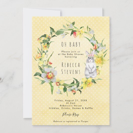spring daffodil bunny baby shower invitation kaart (Voorkant)