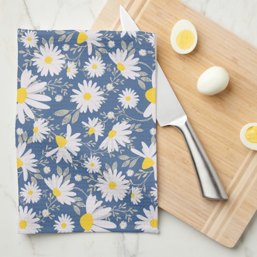 Spring Daisies - Donkerblauw Theedoek (Quarter Fold)