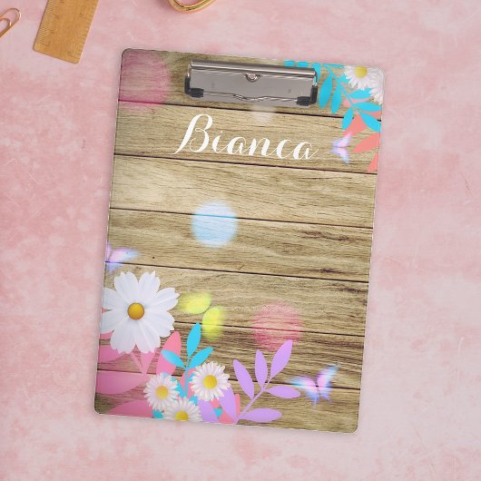 Spring Daisies Foliage and Butterflies on Wood Klembord