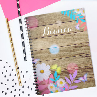 Spring Daisies Foliage and Butterflies on Wood Notitieboek