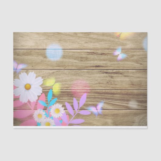 Spring Daisies Foliage and Butterflies on Wood Tissuepapier (Voorkant)