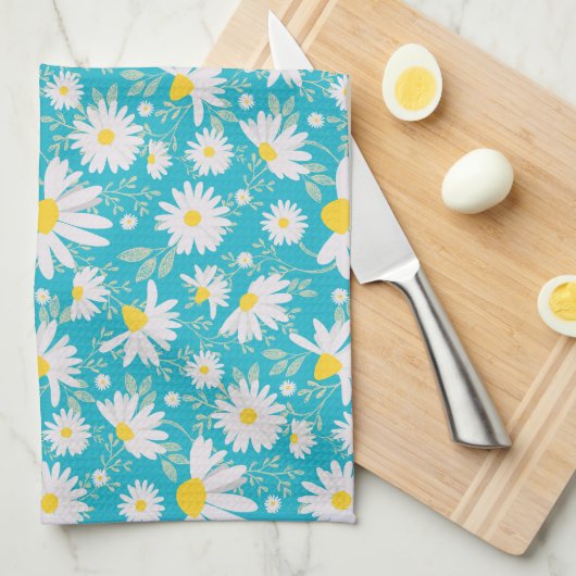 Spring Daisies - Helderblauw Theedoek (Quarter Fold)