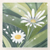 Spring Daisies | Waterverf Witte Bloementuin Glazen Onderzetter (Voorkant)