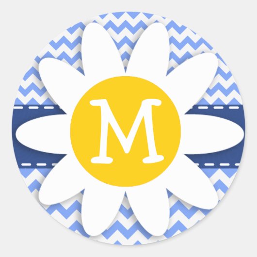 Spring Daisy, Blue Chevron Pattern Ronde Sticker (Voorkant)