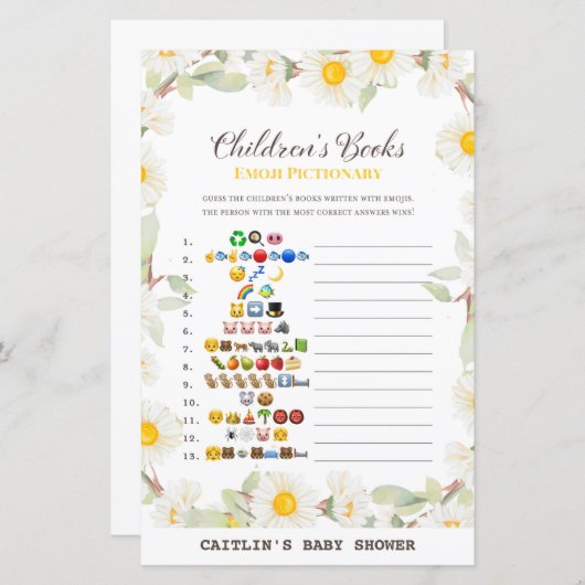 Spring Daisy Flower Baby shower Game (Voorkant / Achterkant)