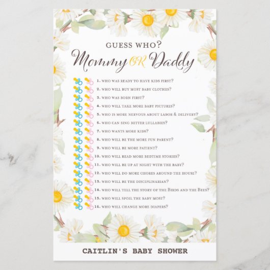 Spring Daisy Flower Baby shower Game (Voorkant)