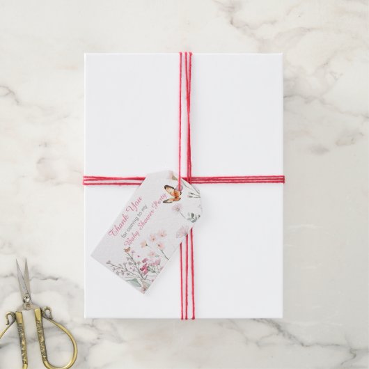 Spring Deep Pink Butterfly Floral Baby shower Cadeaulabel (Met Touw)