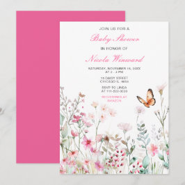 Spring Deep Pink Butterfly Floral Baby shower Kaart