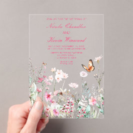 Spring Deep Pink Butterfly Floral Wedding Acryl Uitnodigingen