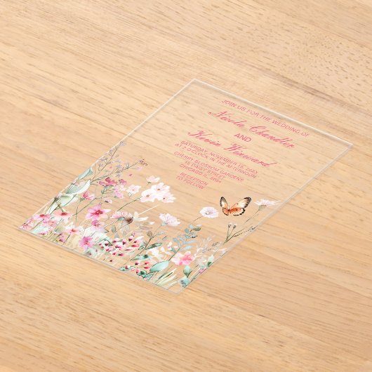 Spring Deep Pink Butterfly Floral Wedding Acryl Uitnodigingen (Laagn)