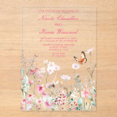 Spring Deep Pink Butterfly Floral Wedding Acryl Uitnodigingen (Voorkant)
