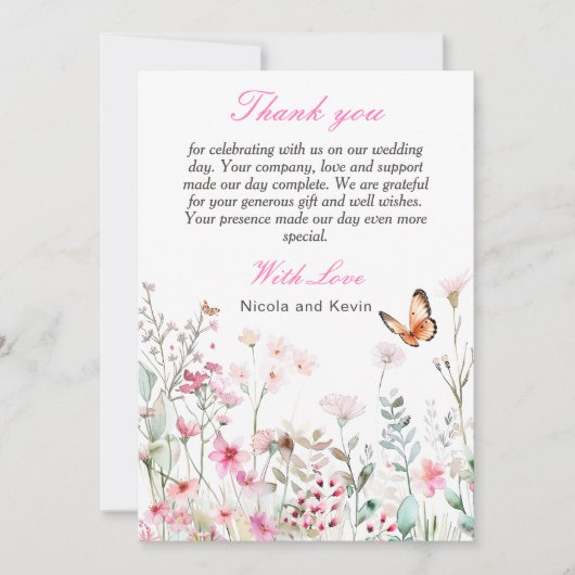 Spring Deep Pink, Butterfly Floral Wedding Bedankkaart (Voorkant)