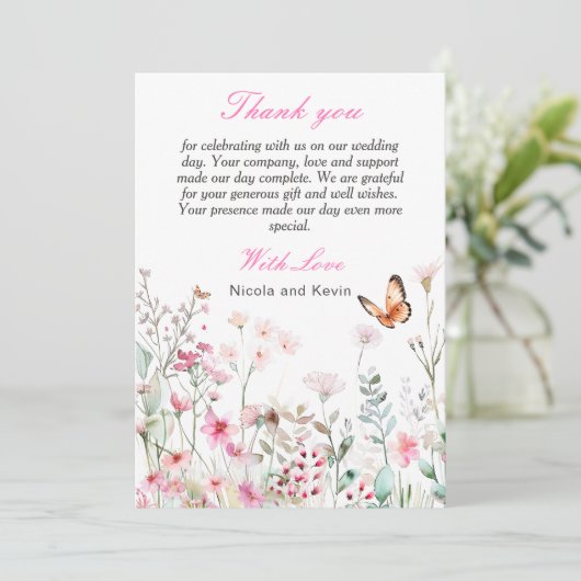 Spring Deep Pink, Butterfly Floral Wedding Bedankkaart (Staand voorkant)