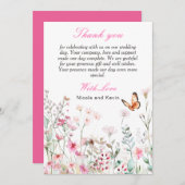 Spring Deep Pink, Butterfly Floral Wedding Bedankkaart (Voorkant / Achterkant)