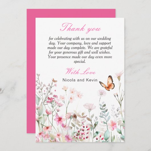 Spring Deep Pink, Butterfly Floral Wedding Bedankkaart (Voorkant / Achterkant)