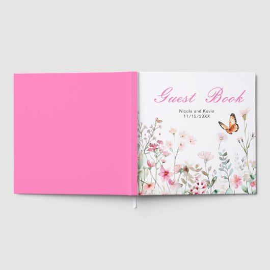 Spring Deep Pink Butterfly Floral Wedding Gastenboek (Volledig)
