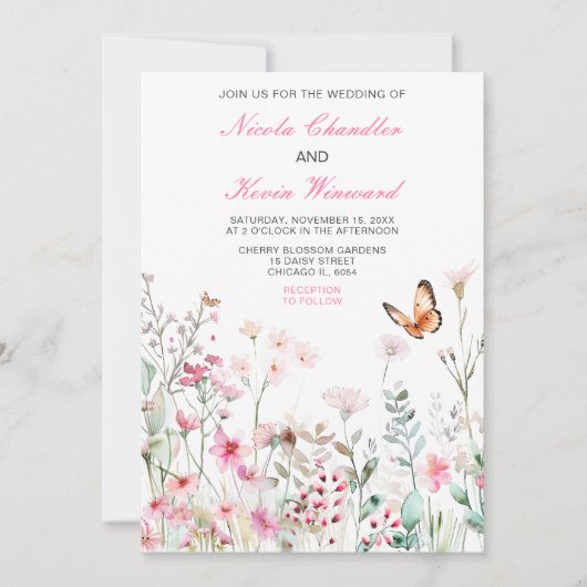 Spring Deep Pink Butterfly Floral Wedding Kaart (Voorkant)
