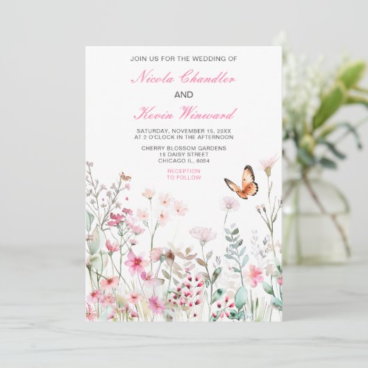 Spring Deep Pink Butterfly Floral Wedding Kaart (Staand voorkant)