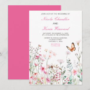 Spring Deep Pink Butterfly Floral Wedding Kaart
