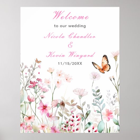 Spring Deep Pink Butterfly Floral Wedding Poster (Voorkant)