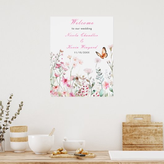 Spring Deep Pink Butterfly Floral Wedding Poster (Keuken)